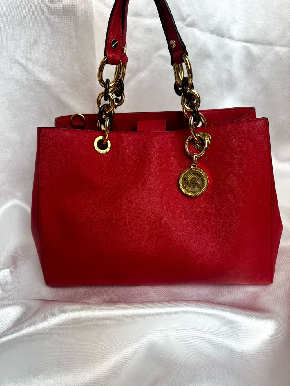 Michael Kors Red Cynthia Saffiano Leather Tote with Gold and Tortoise Accents